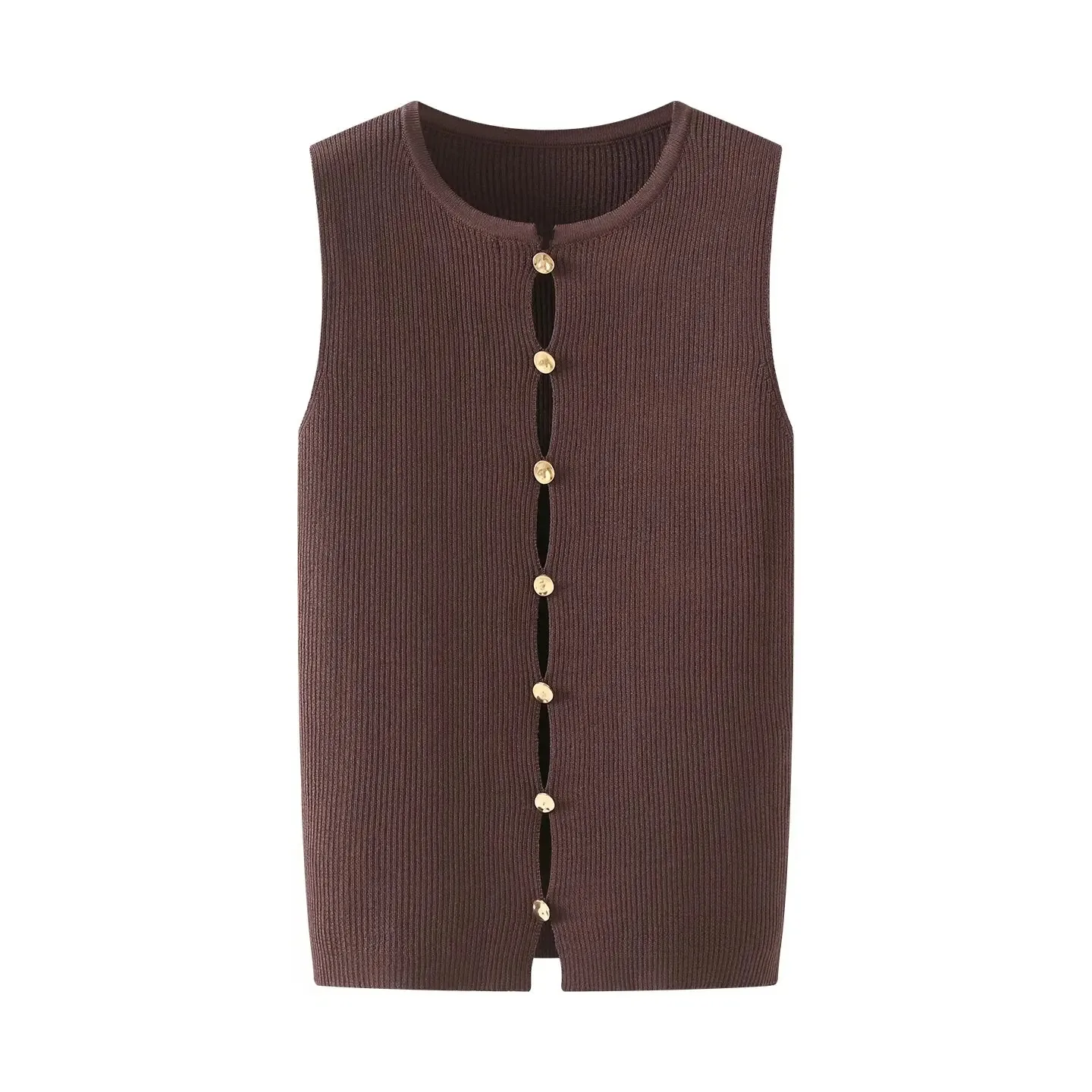 

HH Women Autumn Fashion Vintage Crew Neck Metal Button Pullover Knitted Slim Vest Female Simple Hollow Out Casual Vest Top