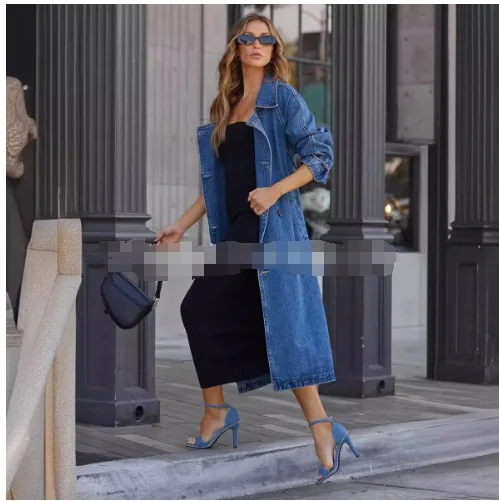 Denim Windbreaker for Women 2025 Washed Long Jackets Pockets Lace Up Lapel Double Breasted Trench Coat Casual Female Outerwear