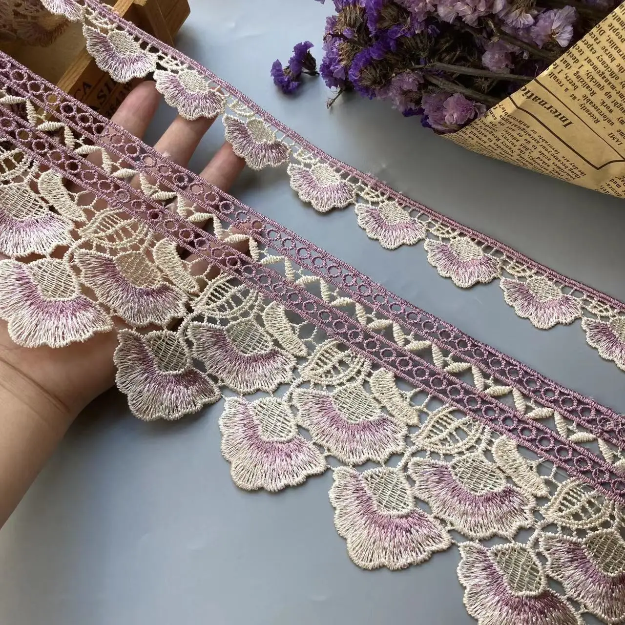 2 Yards Embroidery Purple Leaf Flower Lace Ribbon Trims for Sofa Curtain Trimmings Dress Costumes Applique Beige 10 cm 3 cm New