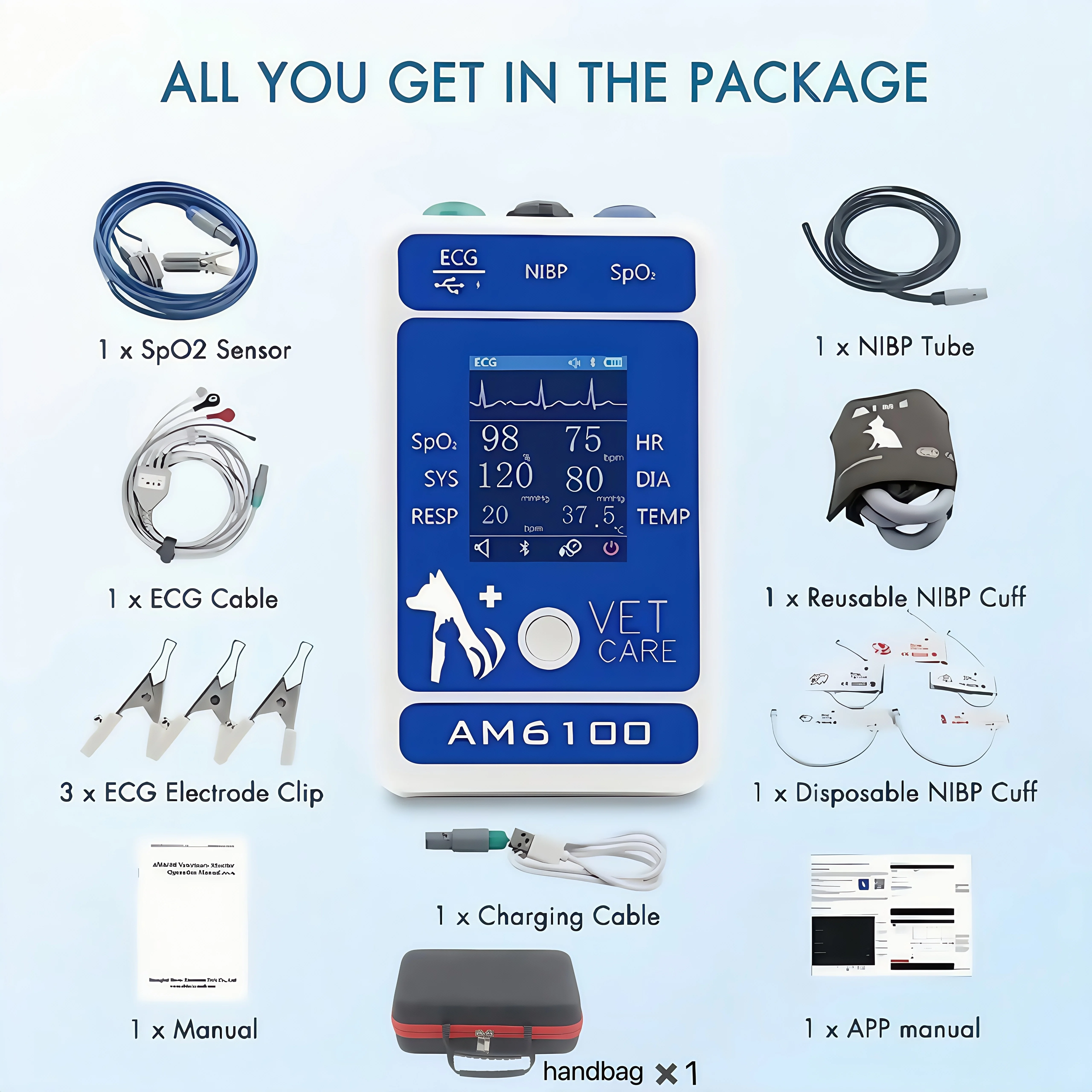 AM6100 Veterinary Monitor Accessories for Animal Vital Signs: PR, HR, NIBP, SpO2, Breathing and TEM description 1