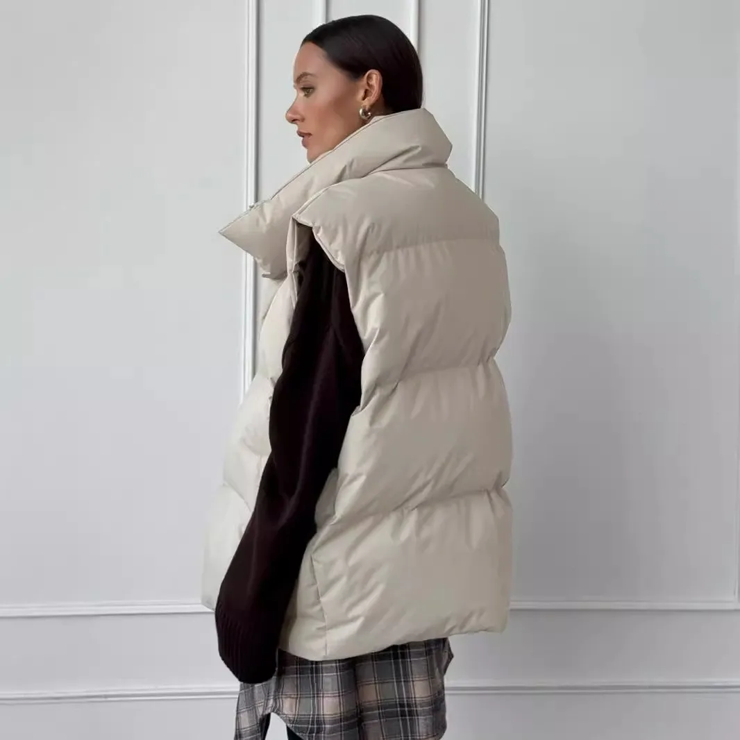 Casual Loose Fit Coat with Streetwear Notched Lapel Thick Collarless Sleeveless Zipper Closure Mid Long Length Women Vest