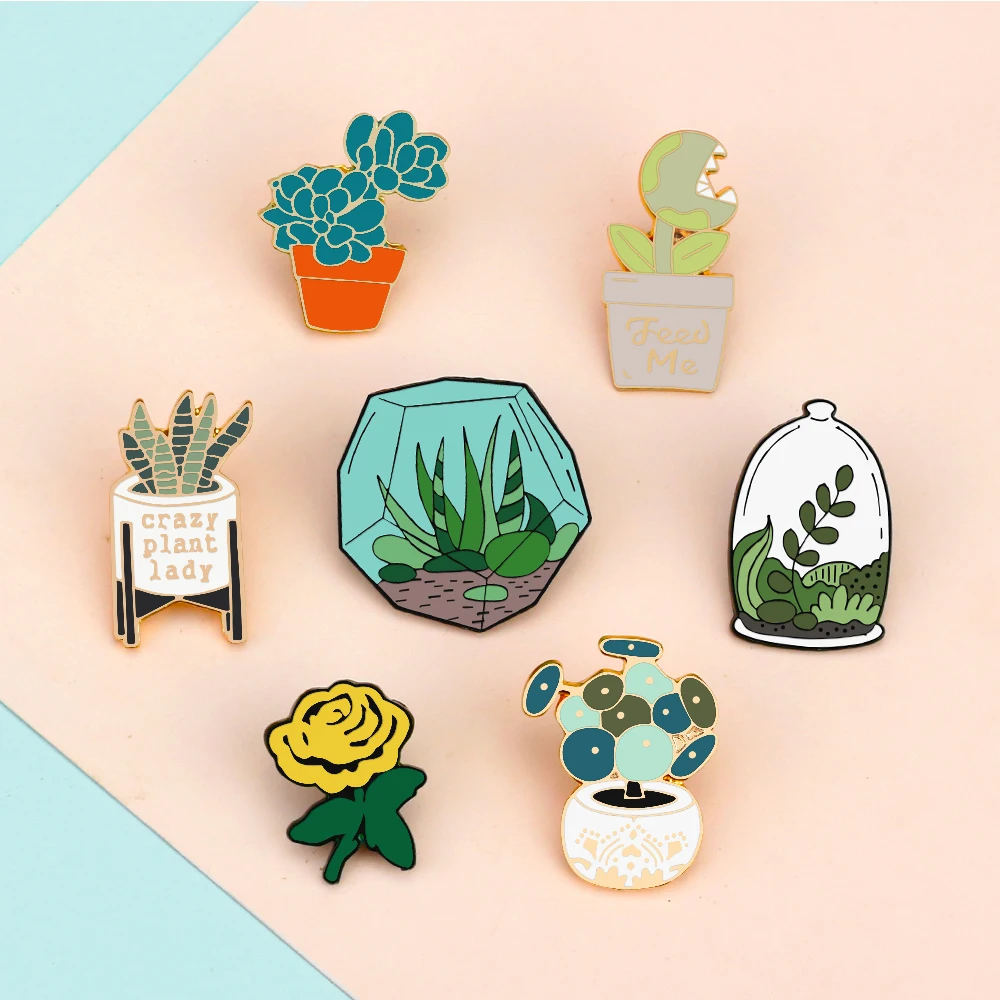 Cartoon Green Potted Plant Brooches Custom Flower Terrarium Cactus Aloe Enamel Pins Women Bag Shirt Badge Lapel Pin Jewelry Gift