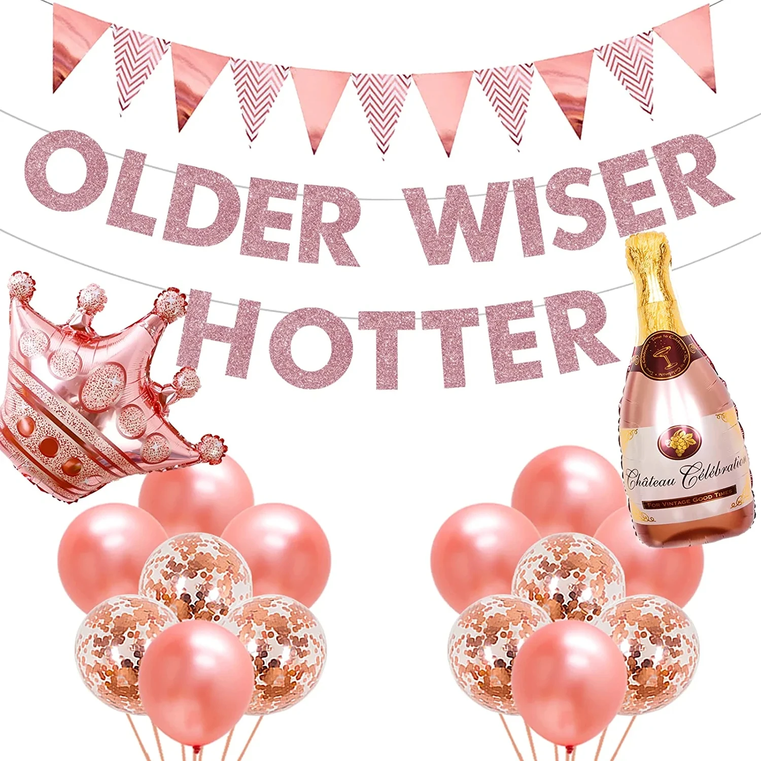 

Older Wiser Hotter Birthday Decorations, Rose Gold, Funny Banner, Triangle Garland, Champagne Confetti Balloons, Party Decor