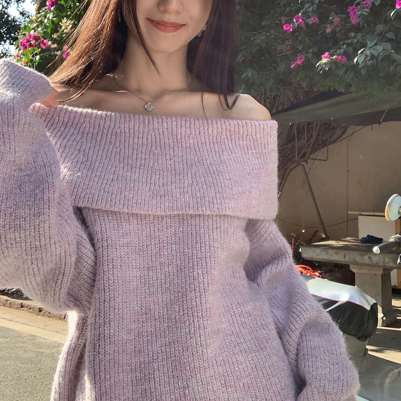 เสื้อสเวตเตอร์แฟชั่นฤดูใบไม้ร่วงฤดูหนาวสำหรับผู้หญิง ดีไซน์เปิดไหล่ สวมใส่สบาย ผ้าถัก แขนยาว เสื้อไหมพรมแบบสวมหัว