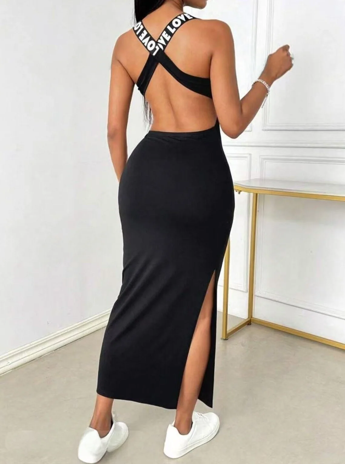 Robe longue fendue sans manches à imprimé personnalisé, ceinture tissée, dos nu, mince, européenne et américaine, printemps et été