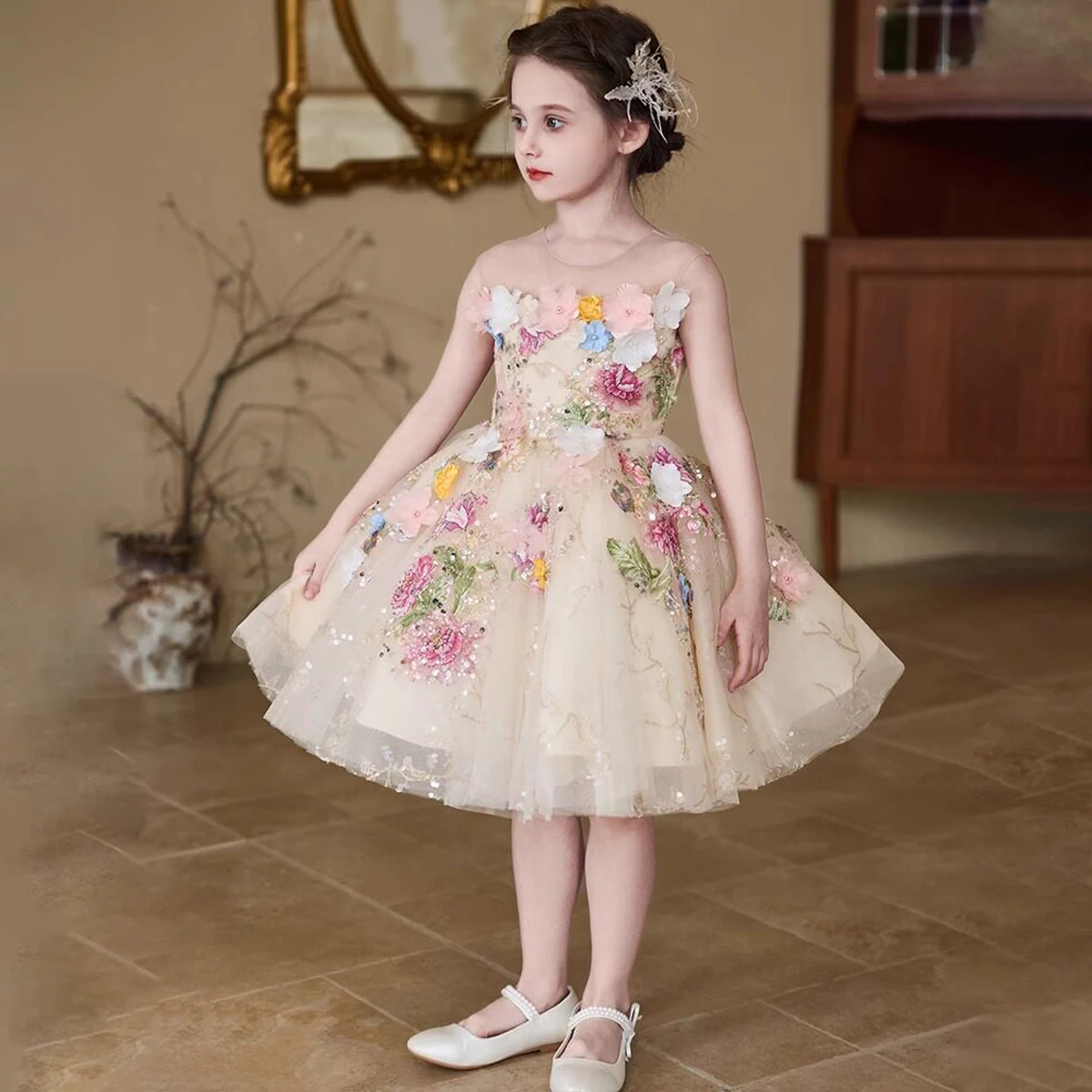 Girls' High-End French Style Forest Series Flower Little Host Walk Show Piano Performance Birthday Flower Party Princes Dress