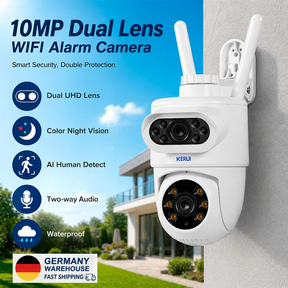 Caméra IP WiFi KERUI 10MP 5K HD à double objectif, caméra PTZ extérieure sans fil, compatible avec Tuya Smart Home Security CCTV, surveillance vidéo