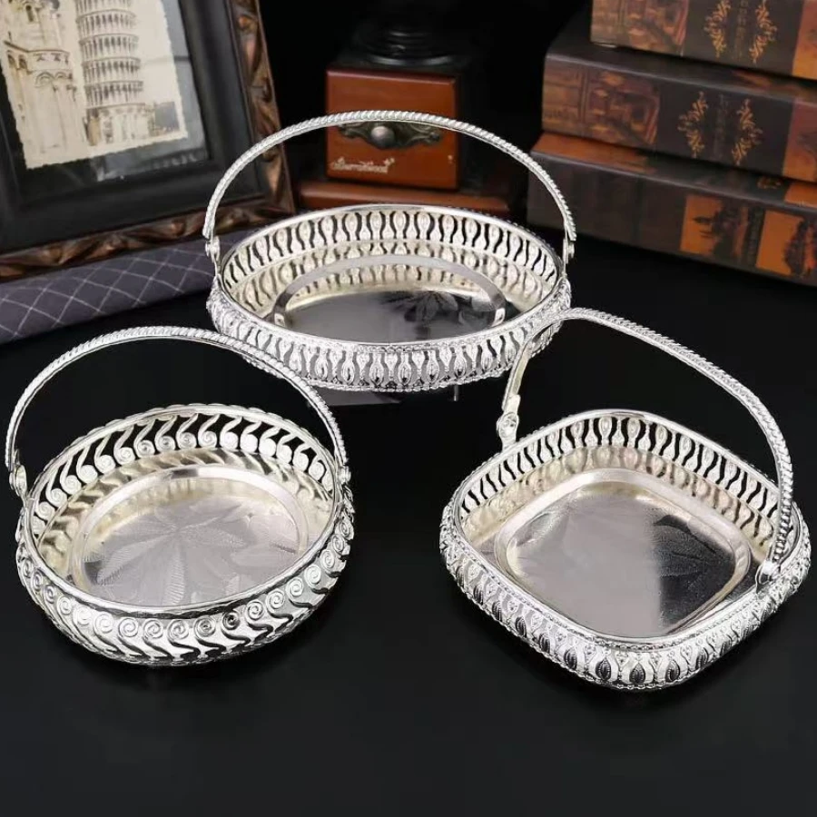 

Fruit Tray, Alloy Round Plate Portable Silver Snack Disc,Living Room Desktop Decoration Cake Storage Supplies Wedding Decoration