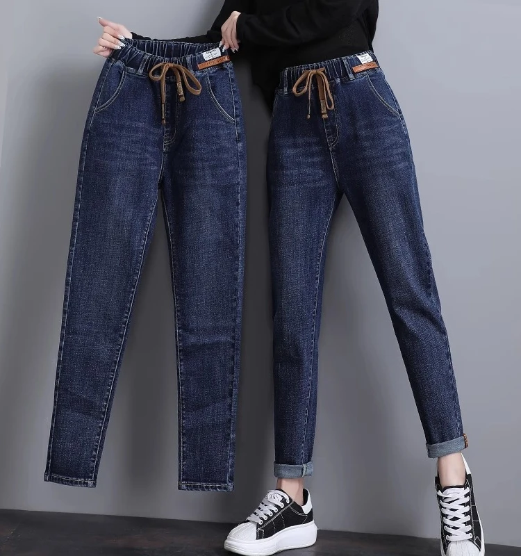 

Джинсы-шаровары с высокой талией, женские весенне-осенние свободные утягивающие капусты, большие размеры, эластичные брюки для папы, толстые мм, хлопковые эластичные джинсы