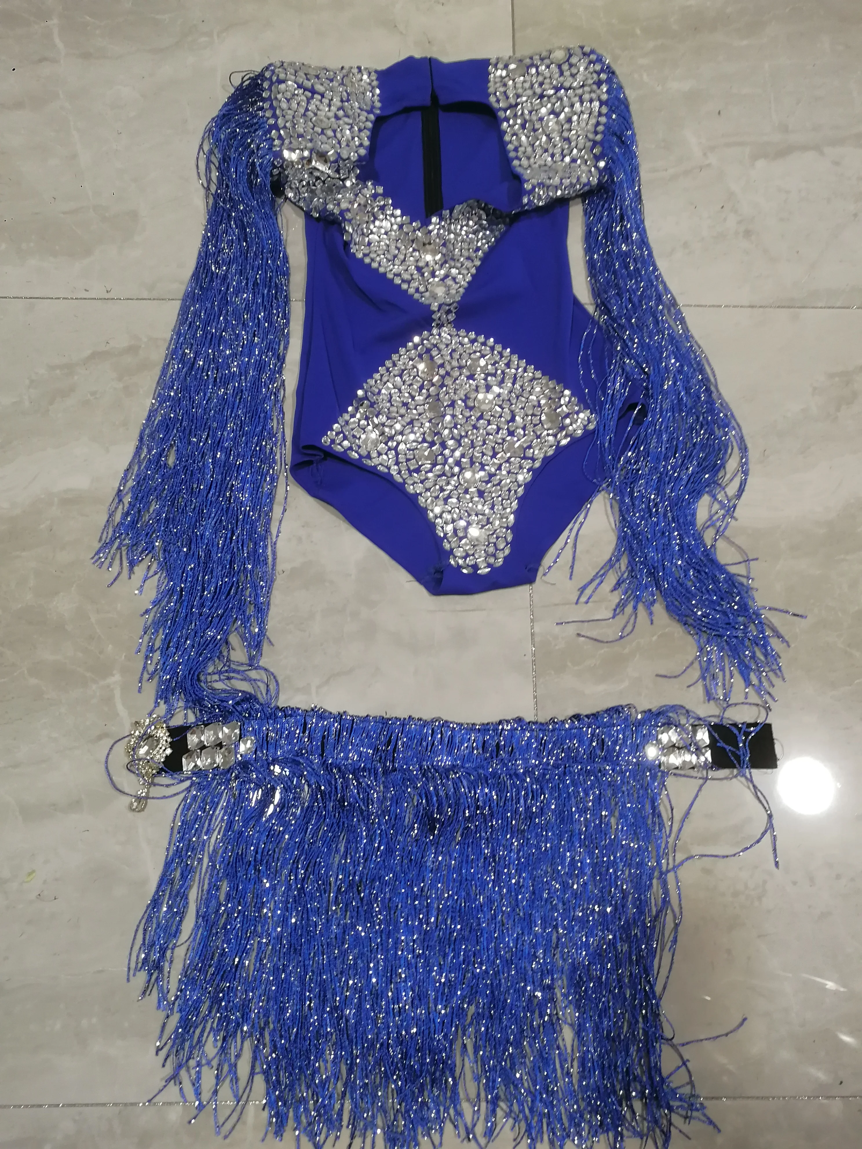 Blue Fringe Shiny Rhinestones Bodysuit Tassel Belt Women Singer Performance Dance Outfits Birthday Celebrate Stage Costume