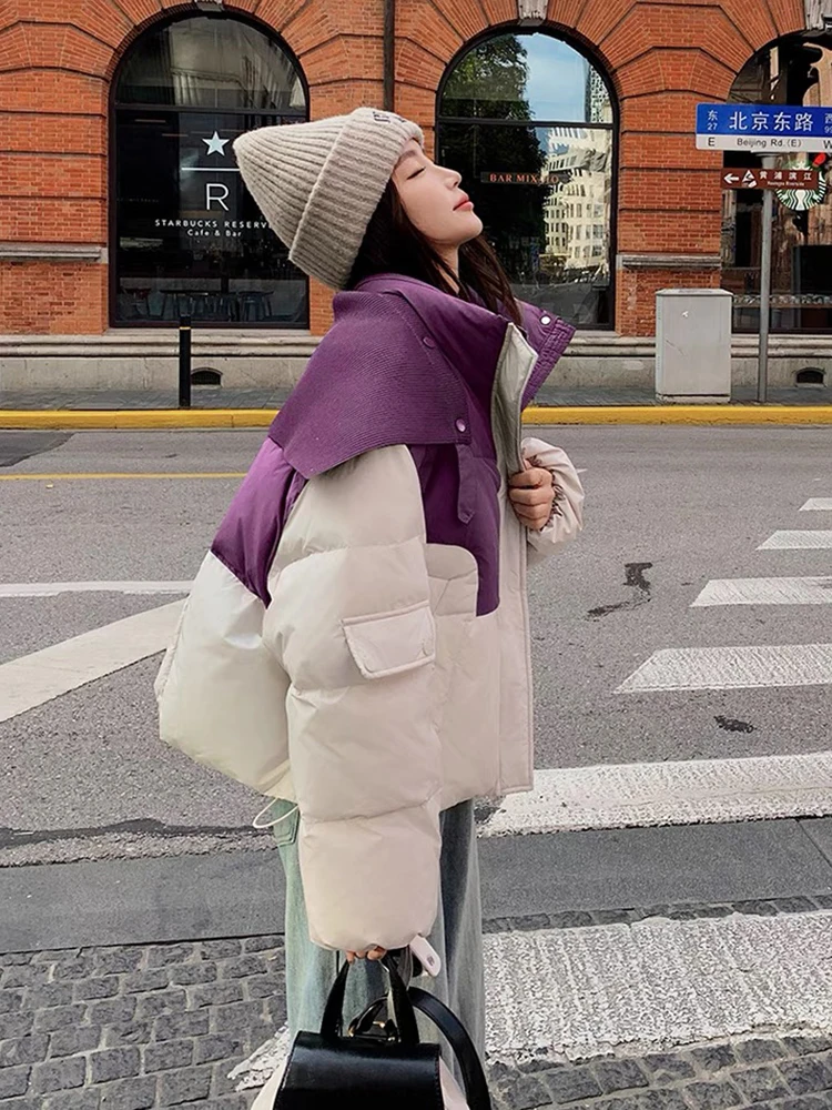 Inverno pato branco para baixo parka jaquetas mulheres engrossar quente curto para baixo casacos moda choque cores malha xale retalhos lapela outwear