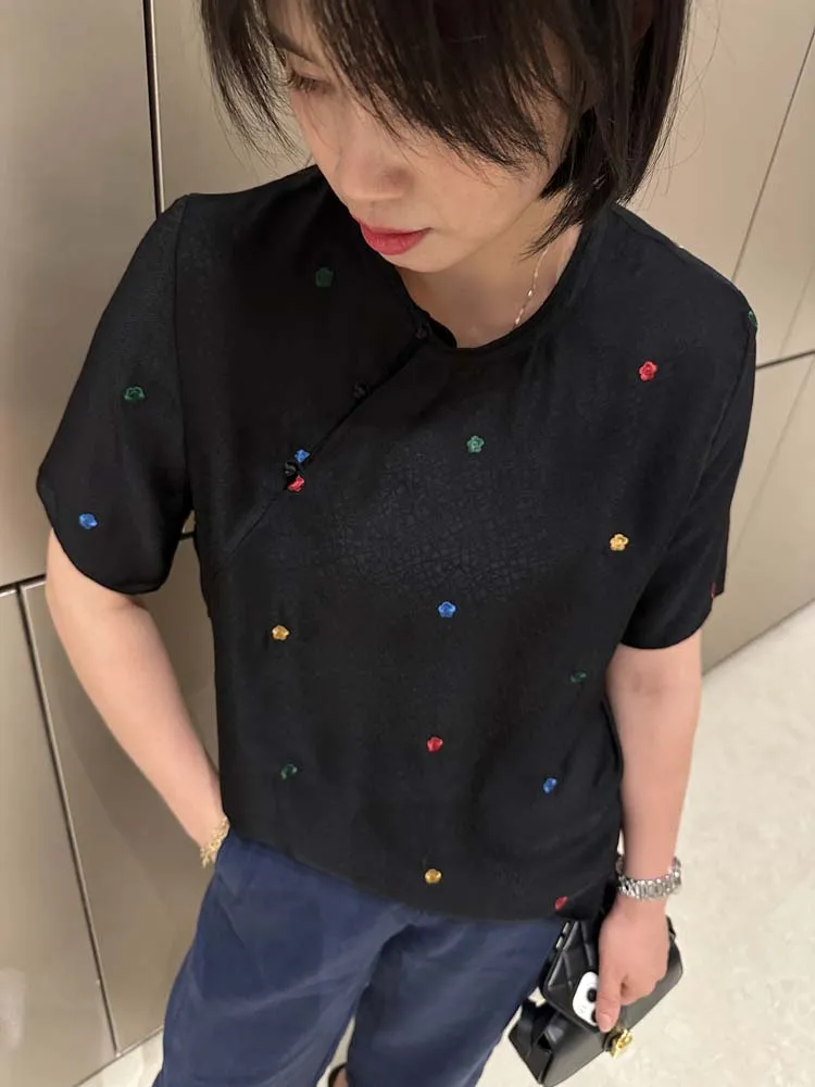 

Ele Anti-Aging Light National Sle Flower Embroidery Silk Flower Luo Small irt Chinese round Ne Slanting Sl...