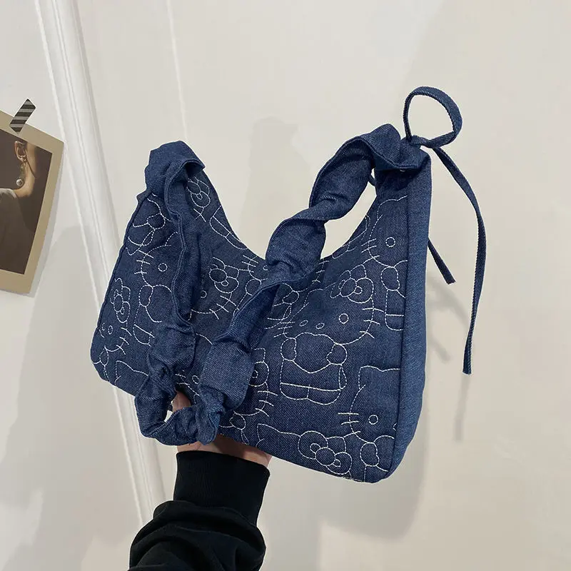 

Cute Blue HelloKitty Large Capacity Shoulder Crossbody Bag, Women's Commuting Cloth Embroidered Cat Casual Tote Bag