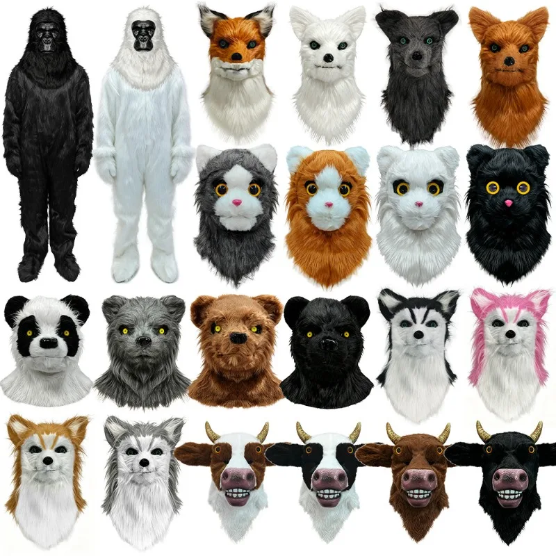 Plush Animal Head Mask with Moving Mouth, Furry Animal Costume Headgear for Halloween Cosplay Party Masquerade