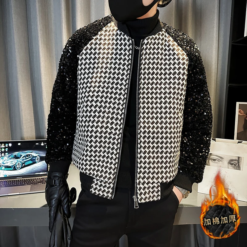 Luxury Sequin Patchwork Jacket for Men Winter Thickened and Warm Parkas Coat Casual Social Bomber Jacket Stage Nightclub DJ Coat