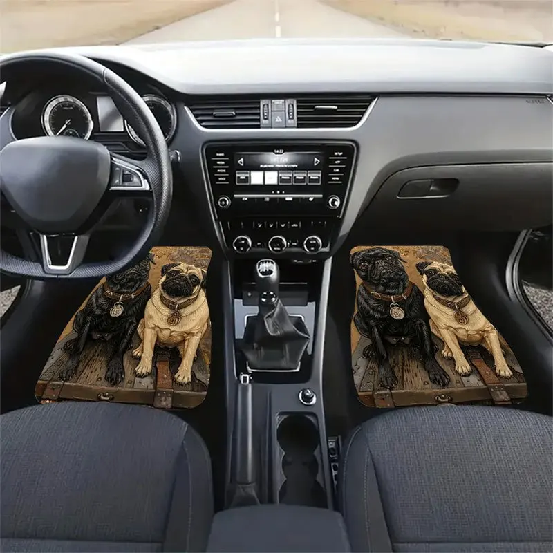 4pcs Cute Pug Pattern Car Floor Mat Set, Universal Non-Slip Mat, Crystal Velvet Material, Decorate The Interior Space Of The Car