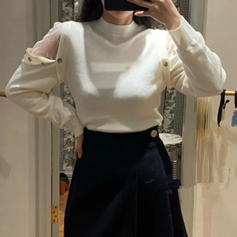 

WAKUTA Stand Neck Solid Color Long Sleeve Lace Patchwork Jumpers Knitted Pullover Sweaters Japanese Jersey Mujer Pull Femme