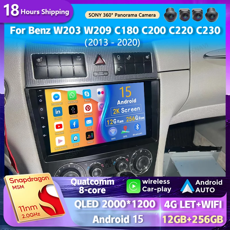 android 15 wifi+4G Carplay BT Car Radio For Benz W203 W209 C180 C200 C220 C230 2004-2011 Navigation GPS Video Player Multimedia