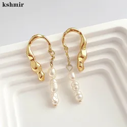 kshmir Korea Simple design sense irregular metal freshwater pearl pendant earrings elegant style women's earrings