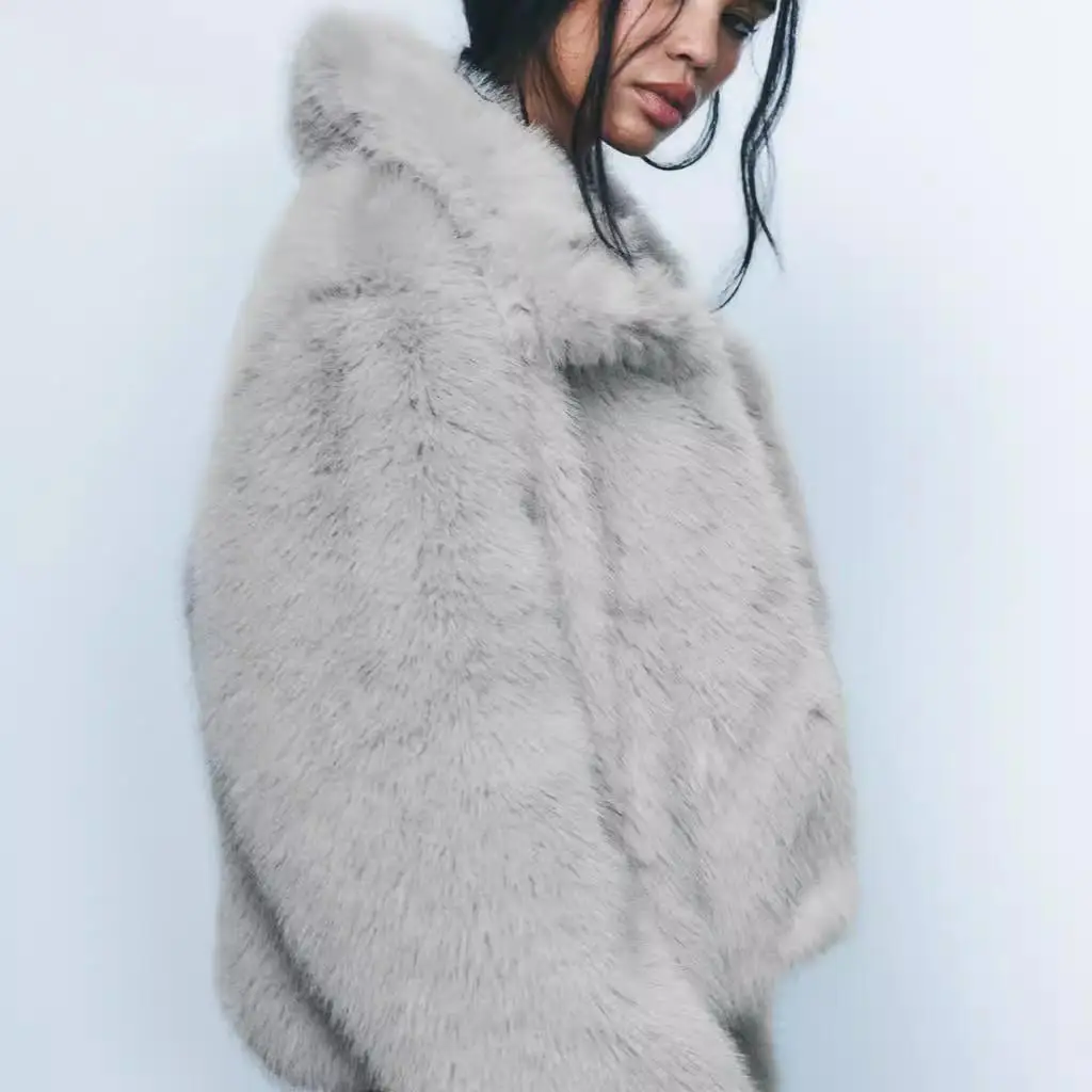 معطف نسائي قصير من TRF لفصلي الخريف والشتاء، إصدار جديد بأكمام طويلة وياقة عالية، بتأثير الفرو الصناعي، على الطراز الكوري، سم...