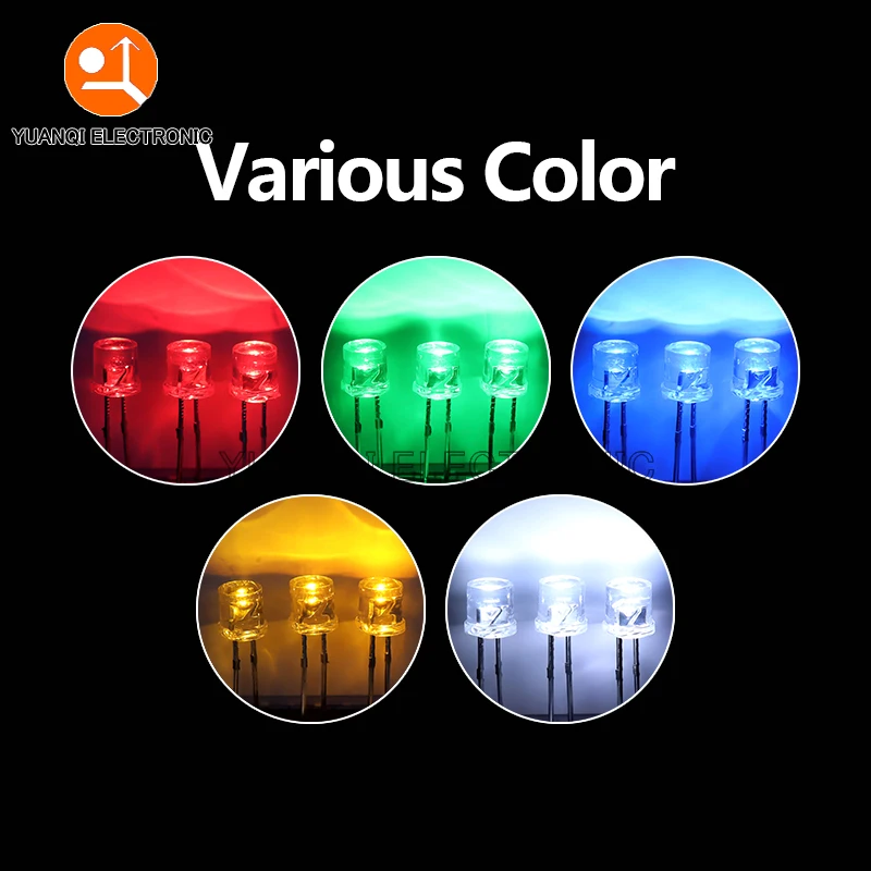 100pcs 5MM Flat Top White Red Yellow Blue Green Assorted Kit Lamp Diode LED Ultra Bright Bulbs Emitting Diodes F5 Light