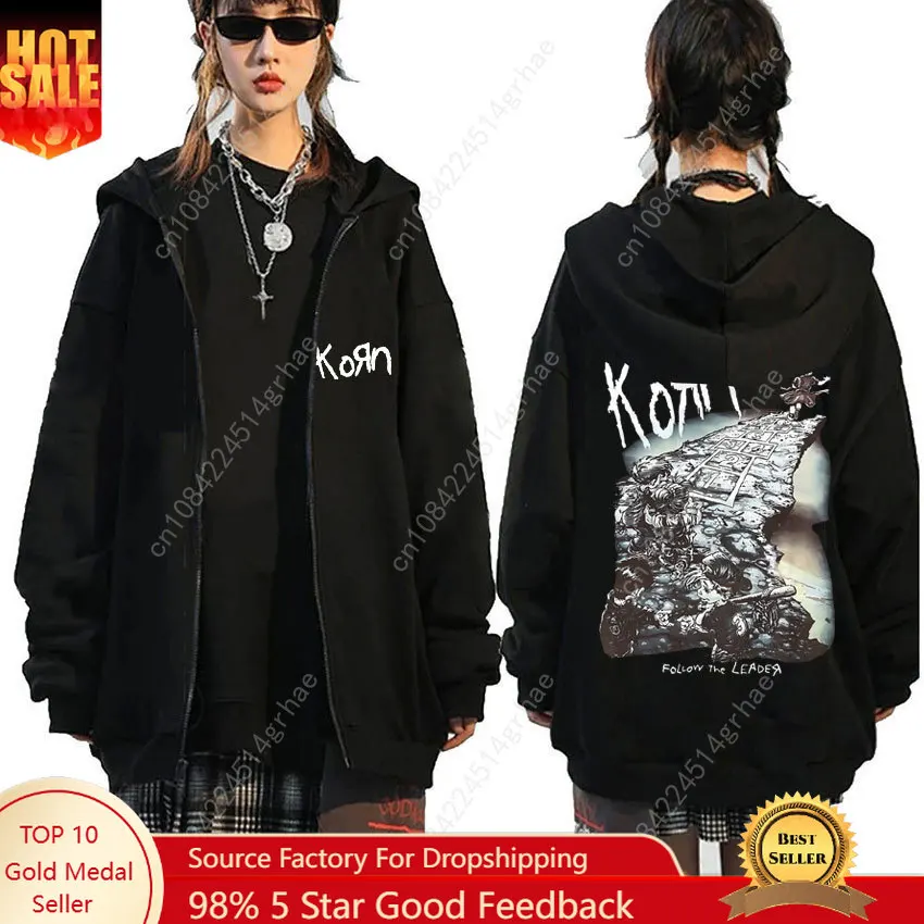 

Korn Rock Band Ftl 25 Follow The Leader Zipper Hoodie Men Women Gothic Casual Zip Up Hoodies Men's Vintage Graphic Zip Up Jacket