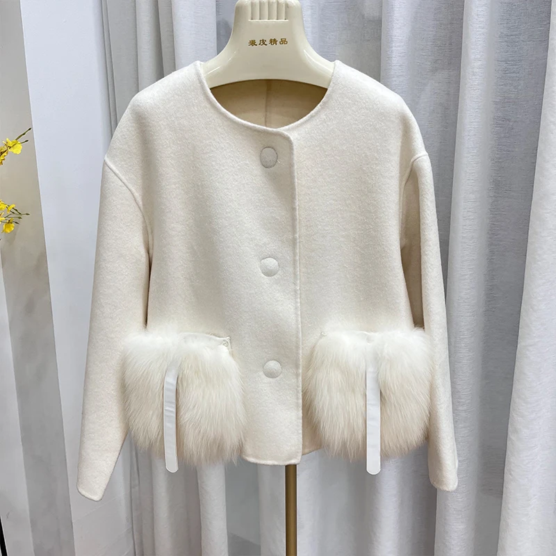 Casaco de lã e caxemira feminino, jaqueta de pele real, gola natural de pele raposa, casacos femininos, casaco feminino, novo, inverno