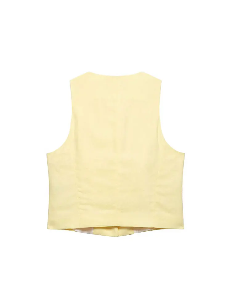 NLZGMSJ 2025 Setelan Wanita Kuning Chic Kasual Set Fashion Celana Pendek Lurus Ritsleting Atasan Tanpa Lengan Kancing Leher-o Solid