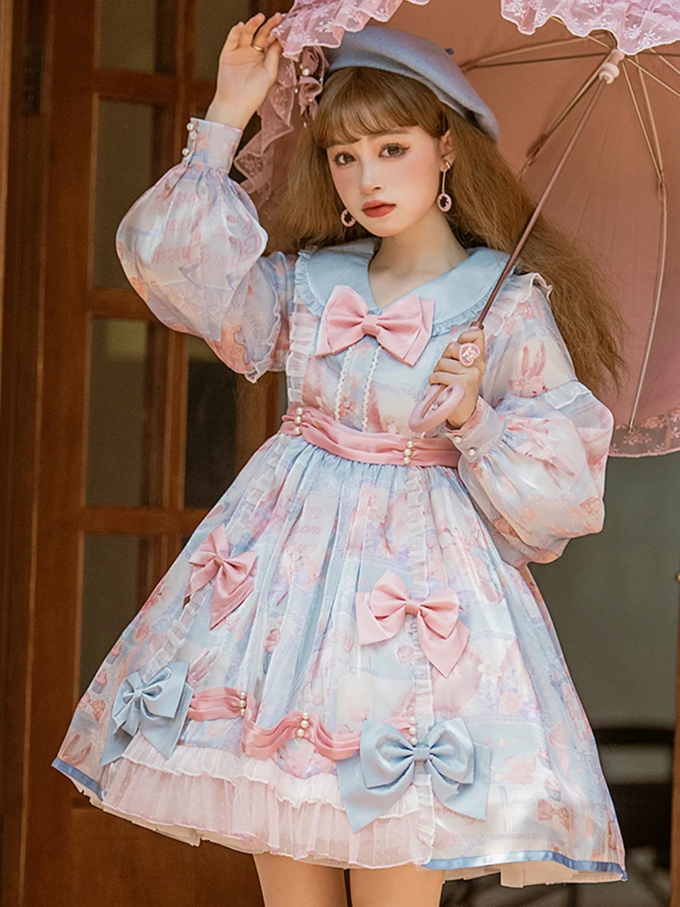 Vestido de princesa Lolita Op, manga larga, diario, chica dulce, Lolita japonesa, fiesta de té, lazo