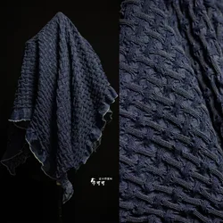 Washed Deep Blue Pleated Denim Fabric with Textured Pleats Elastic Reconstruction Artistic Decoration Clothing Designer Fabric