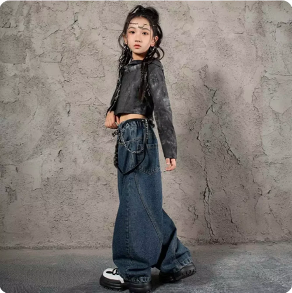 Kinder Jazz Dance Kostüm Grau Tops Lose Hosen Mädchen Kpop Bühne Outfit Kinder Hip Hop Kleidung Street Dance Bühne Kostüm yj114