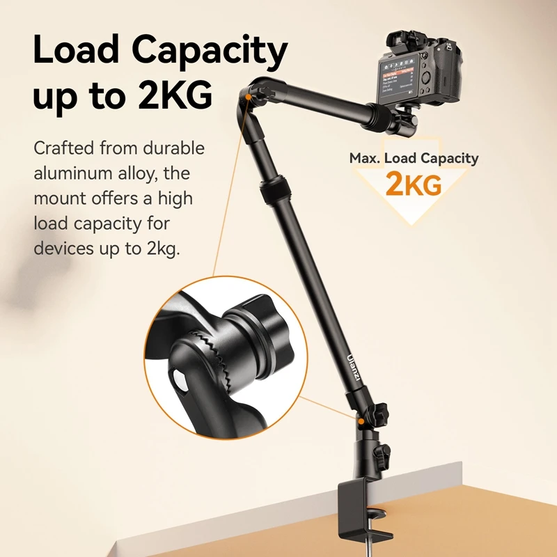 Ulanzi ZJ02 Camera Desk Setup Stand Adjustable Desk Mount with Holding Arm Max Load 2KG for Mirrorless Camera Microphone