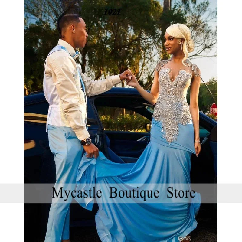 فستان حورية البحر الأزرق اللامع الجديد للحفلات الراقصة 2026 للفتيات السود فضي دايموند حجر الراين مطرز رداء حفلات Vestidos De Gala P