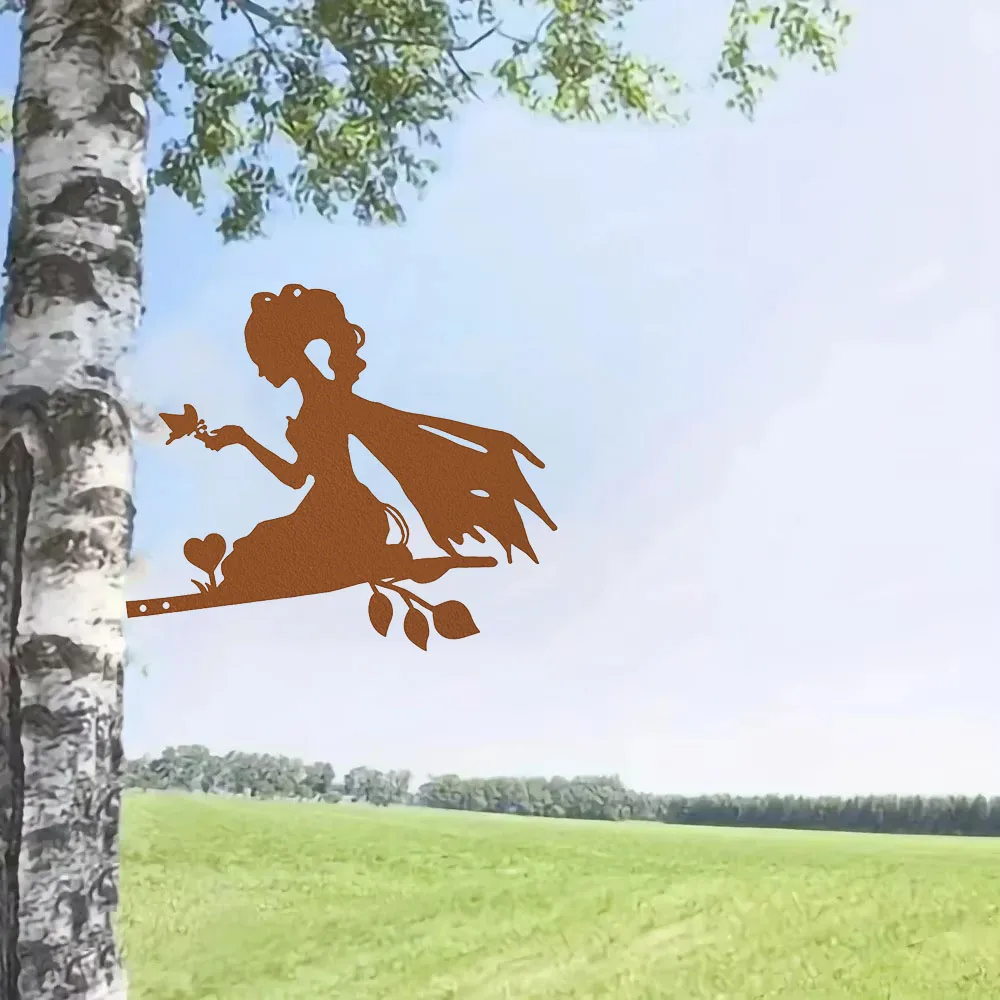 

1pc Enchanting Elf Princess on Branch Steel Silhouette Metal Wall Art - Infuse Style with this Cool Elf Princess on Branch Steel