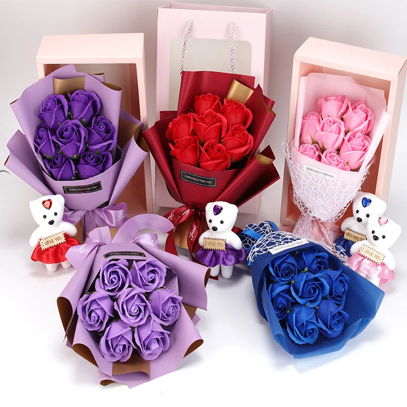 Künstlicher Seifen-Rosenstrauß, 7-teilig, mit Teddybär-Geschenkbox, Valentinstag, Neujahrsgeschenk für Freundin, Freund