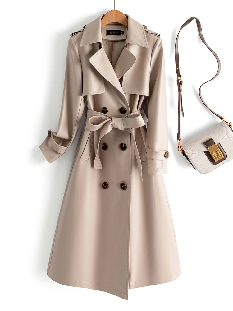   Manteau coupe-vent mi-long en cuir véritable pour femme, version coréenne ajustée, nouvelle collection automne-hiver 2025