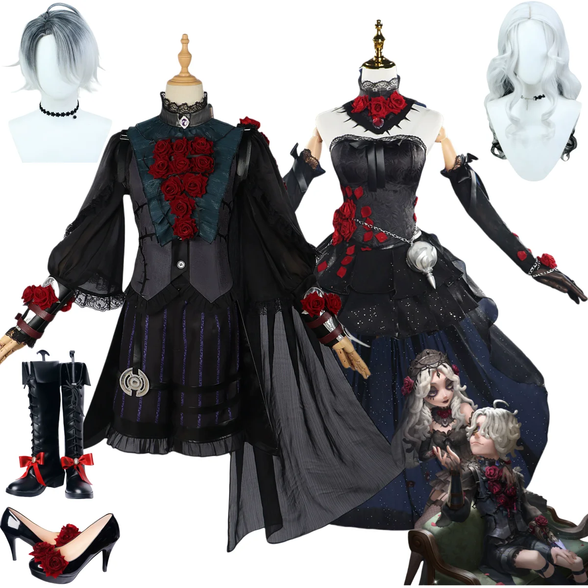 Costume de Cosplay Game Identity Ⅴ Ada Mesmer Emil, Psychologue, Uniforme Noir Gothique Rose, Perruque, Chaussures, pour Homme et Femme, Fête, Soirée