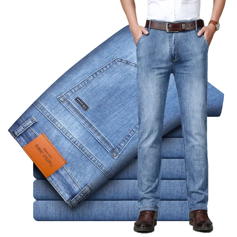 

Summer Thin Men's Casual Jeans New Business Fashion Straight Pants Classic Casual Male Clothing Blue Denim Trousers