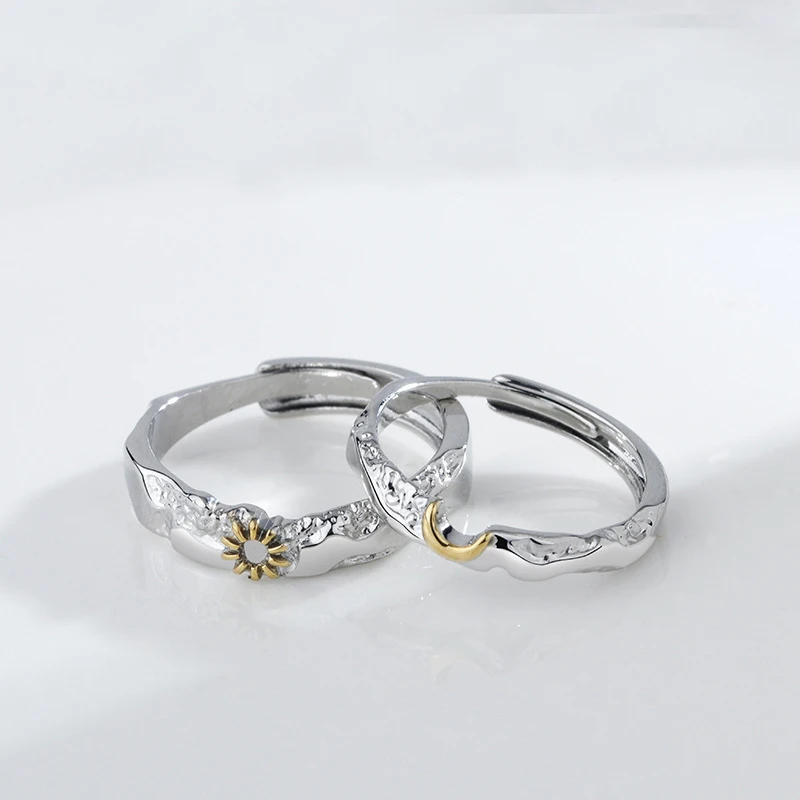 Nuevo anillo de dedo europeo S925 de plata esterlina Golden Moon Sun para parejas ajustable para mujeres, joyería de regalo de boda para fiesta de cumpleaños