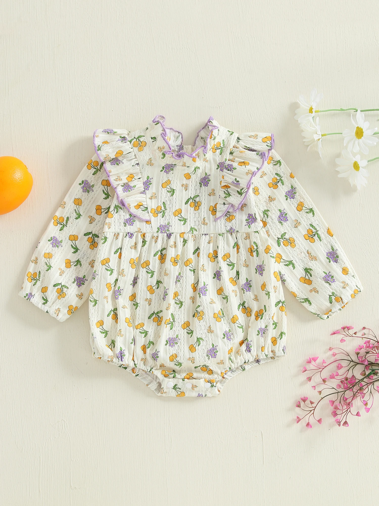 

Infant Girls Autumn Romper with Flower Pattern and Ruffle Detail High Neck Full Sleeve Outfit