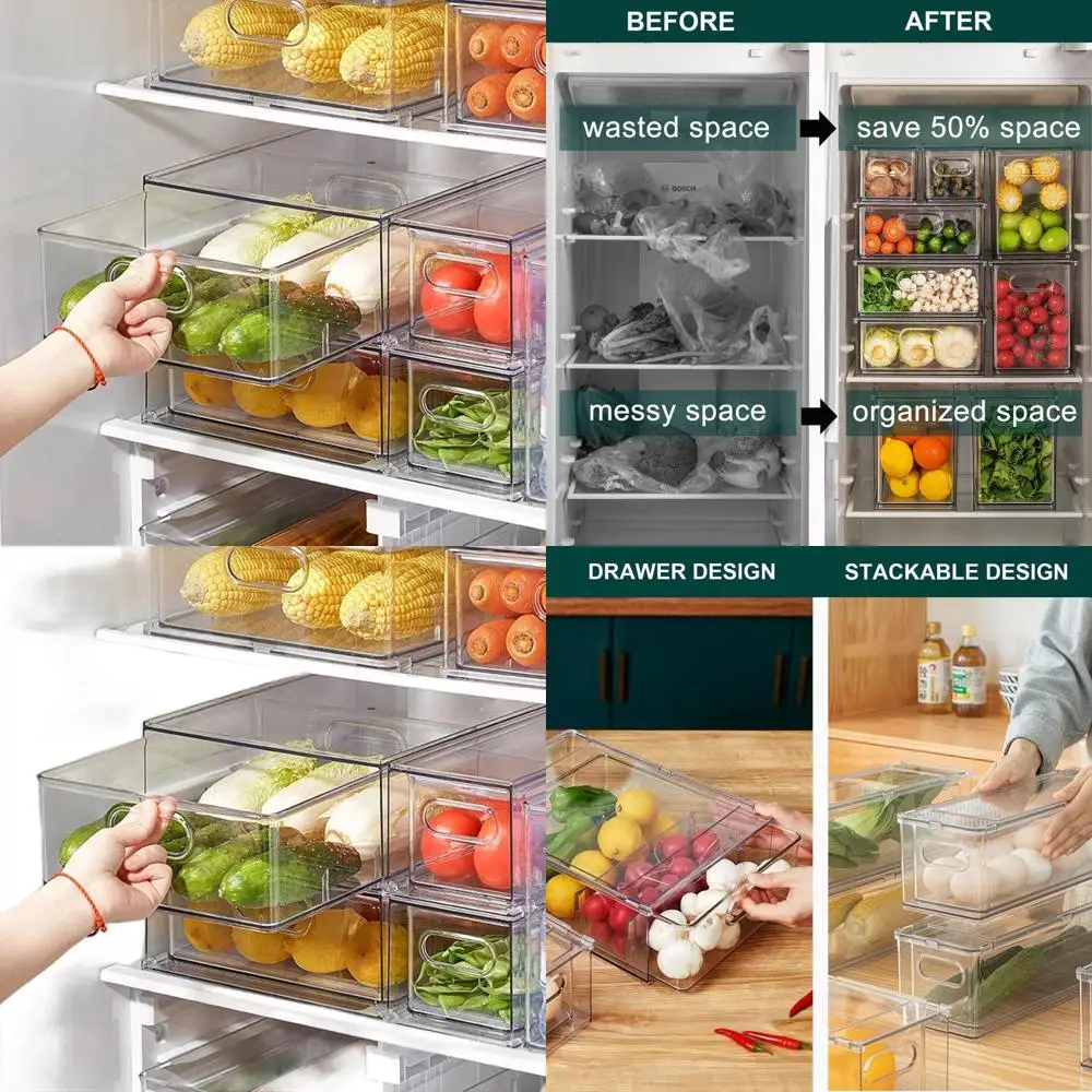 

Прозрачные штабелируемые ящики для холодильника из 3 предметов, выдвижные контейнеры для организации хранения на кухне и морозильной камере (2 маленькие, 1 средний)