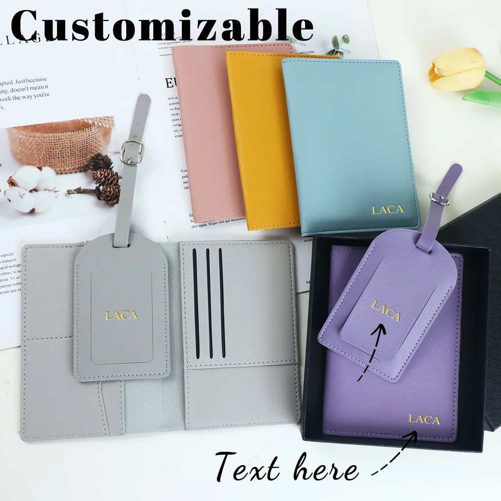 Customized Name PU Leather Passport Bag Luggage Tag Gift Set, Multi-Card Slots Large Capacity Wallet Passport Bag
