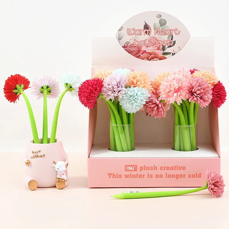 12Pcs Cute Shakeable Silicone Flower Gel Pens 0.5mm Black Ink Floral Ballpoint Pen Kawaii Student Office Stationery Girls Gift