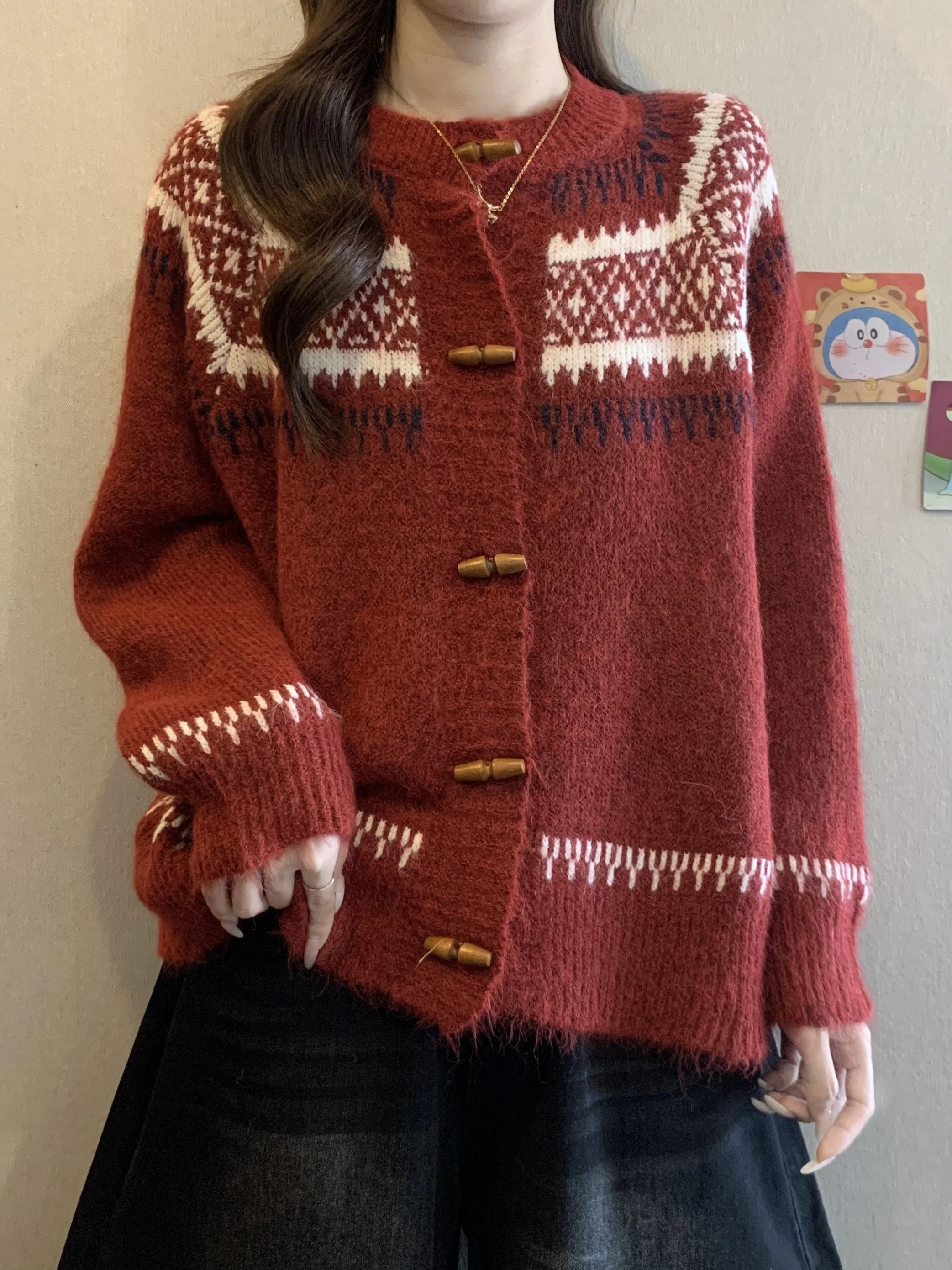 

Red Long Sve Knitted Sweater Coat for Women Winter Thiened Large Size Buttoned Open Cardigan Soft Fluffy Commute Sle