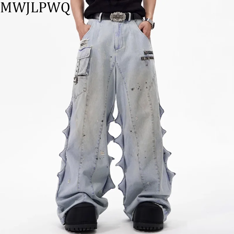 

MWJLPWQ Splash-ink Deconstructing Zipper Design Jeans Men's Side Pocket High Street Light Blue Straight Leg Pants Trend 010470
