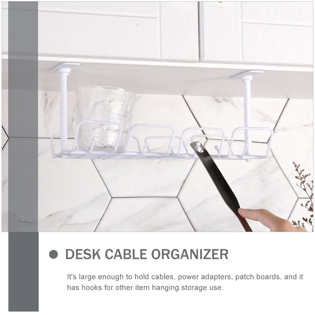 2 قطعة صينية إدارة الكابلات المكتبية المدمجة تحت منظم الأسلاك المكتبية لرف تخزين الحبل مع خطافات تعليق تحت الطاولة #6