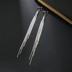 Fashion Simple Long Tassel clip on Earrings Silver Color Ear Clip for Women Earring Summer Jewelry