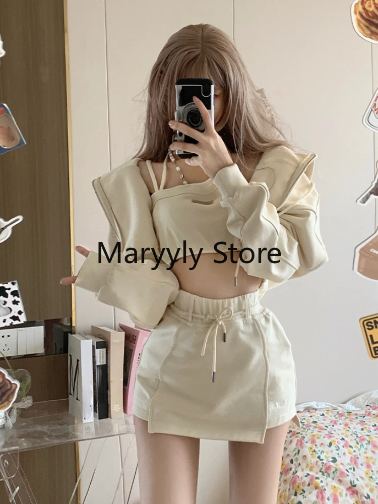 2023 Summer Pure Color Casual Elegant Bodycon 3 Piece Dress Set Y2k Vest + Long Sleeve Coat + Mini Skirts Fashion Suits Chic