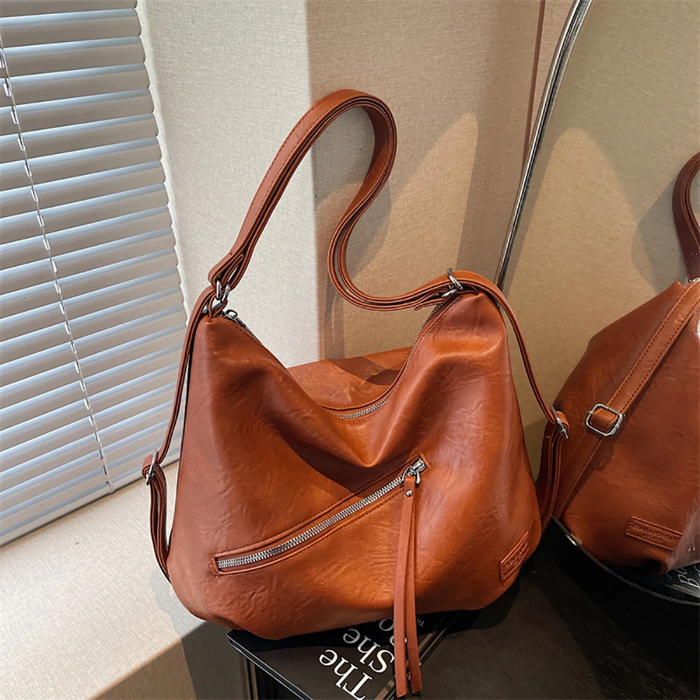 

Vintage Large Capacity Soft One Shoulder Bags Women's Solid Color Zipper All-Match Backpacks Shopping Commute Handbags