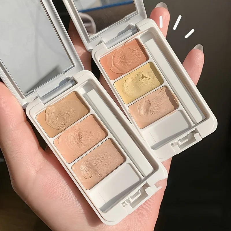 Paleta correctora de tres colores con espejo, resistente al agua, círculo oscuro y cubierta de marca de acné, cobertura de tatuaje, base de maquillaje de larga duración
